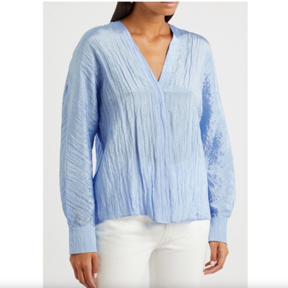 NEW! Vince Crinkled Satin Long Sleeve Double V-Neck Blouse Blue XS - Picture 1 of 16